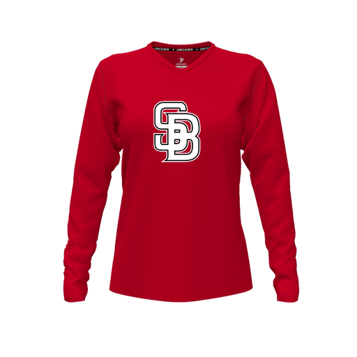 [CUS-DFW-TEES-PER-VNK-LSL-RED-FYXS-LOGO1] Performance T-Shirt (Female Youth XS, Red, V Neck, Logo 1, Long Sleeve)